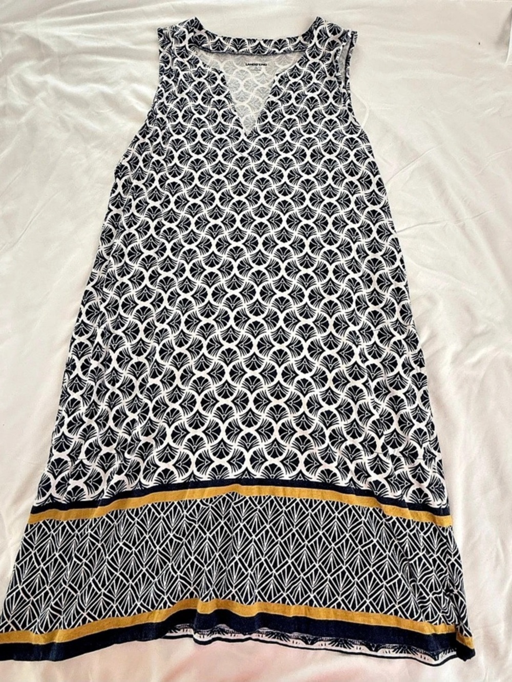 Lands' End Cotton Jersey Notch Neck Dress Blue & White Large
